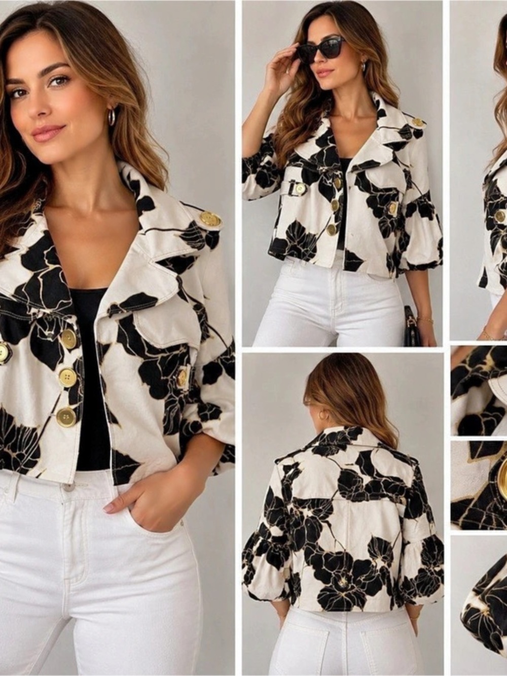 Cache Floral Cropped Jacket in White & Black Medium Like New